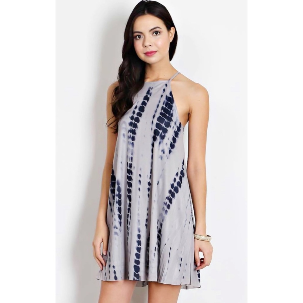 Gray Navy Tye Dye High neck Summer Dress Beach NEW